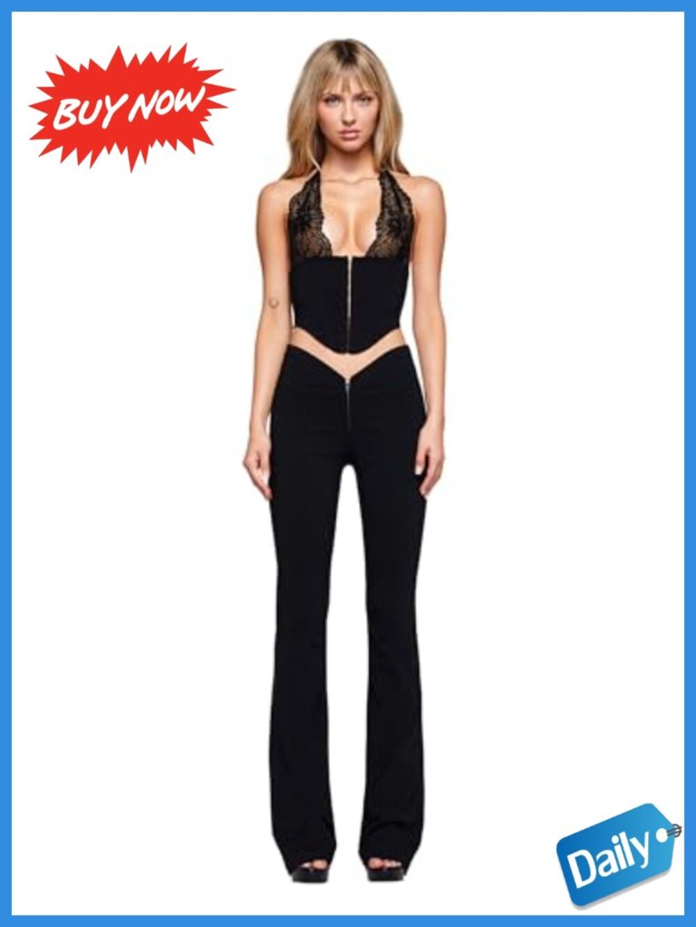 Curved Waist Zip Front Flare Leg Dress Pants